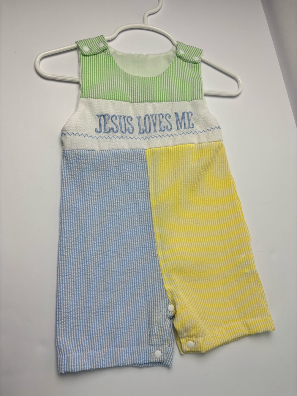 Jesus Loves Me Embroidered 3 Pastel Colorblock One-Piece Romper infant
